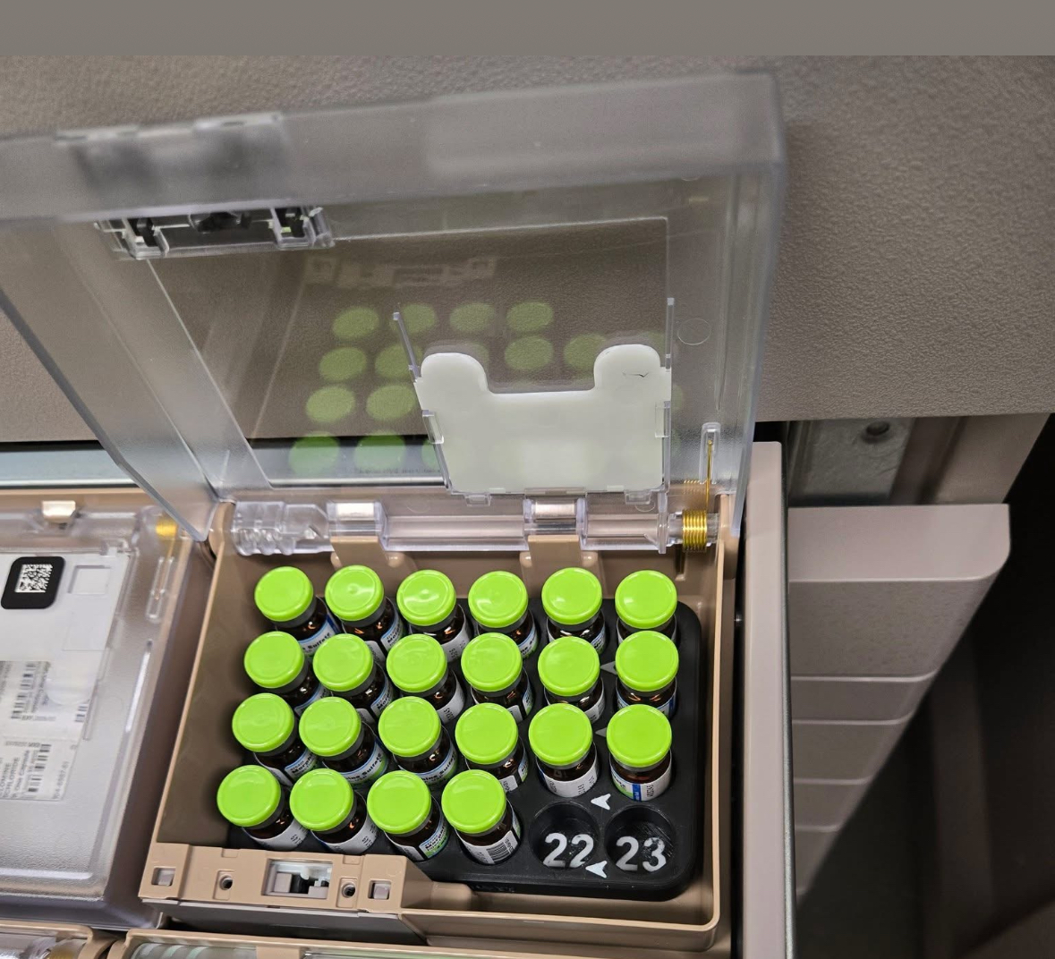 VialView Organizer tray placed in a Pyxis Cubie 1x2 pocket, displaying vial counts for easy access in healthcare settings